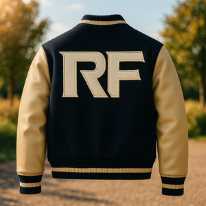 Chaqueta Universitaria de Lana Azul Marino Bordada Personalizada con Mangas de Cuero Crema y Botones a Presión - Product Image 5