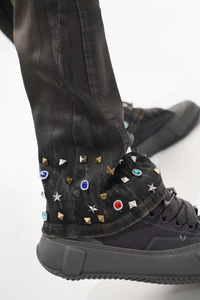 High Quality Cotton <b>Men</b> Jeans American Highstreet Brand Mid-Rise <b>Flare</b> Fit Rhinestone Rivets Vintage Wash Y2K <b>Men's</b> Denim Jeans - Product Image 5