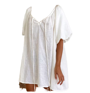 White <b>Linen</b> V-Neck Sleep <b>Top</b> With Drawstring Closure Short Sleeve Casual Women Summer Breathable Knee Length Sleepwear - Product Image 3