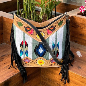Aztec Saddle Blanket Leather <b>Handbag</b> Hand Tooled Leather Fringe Tote <b>Handbag</b> Western Style Tote Crossbody <b>Handbag</b> - Product Image 4