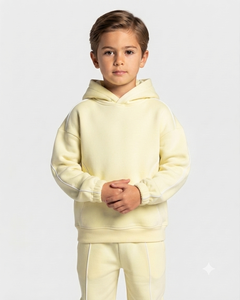 Custom Contrastline Yellow <b>Oversized</b> Kids Boys Tracksuit Set Cotton Fleece Hoodie & Wide Leg <b>Sweatpants</b> OEM & ODM Manufacturer - Product Image 3