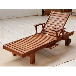 Single Outdoor Lounger in Solid Teak Wood Oiled Finish Modern Design with Arm and Adjustable <b>Back</b> Position No <b>Cushions</b> - Product Image 1