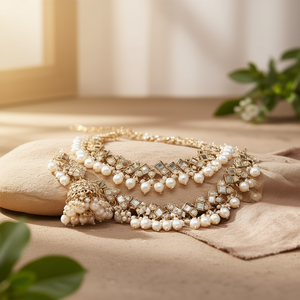 ชุดเครื่องประดับแฟชั่น Jewelemarket - ต่างหูมุกแบบห่วงโซ่ Jhumki รุ่น 10575573WH - Product Image 3