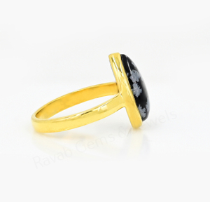 Bague en argent 925 plaqué or 18 carats, forme poire 10x14mm, sertie à la main, obsidienne flocon de neige, pour femme, bijoux de mode - Product Image 2