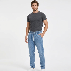 Men's Stonewashed Denim <b>Joggers</b> Drawstring Waist Loose Fit Casual Midweight Cotton Solid Color Straight Leg Breathable - Product Image 4