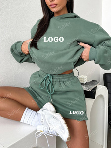 Women Hooded Cotton <b>Tracksuit</b> Set Solid Green Casual Loose Fit Drawstring Shorts Full Sleeve Autumn Wear - Product Image 1