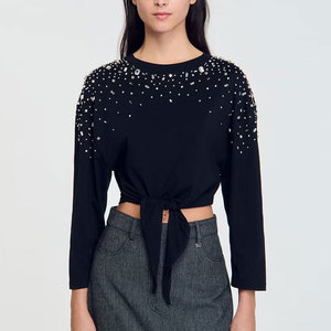 Women's <b>Black</b> Cropped <b>Long</b> Sleeve <b>T</b>-<b>Shirt</b> O-Neck Knitted 100% Cotton Slim Fit Minimalist Style All Seasons Wear - Product Image 4