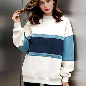 <b>White</b> Gray Blue Rib Collar <b>Sweatshirt</b> with Broad Horizontal Color Block Panels Long Sleeves Rib Cuffs and Hem Logo Customization - Product Image 2