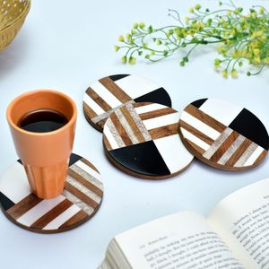 Luxury 3D Geometric Bone Inlay Wood Coaster Set of 4 with Holder Handmade Round Marble Effect Drink <b>Mat</b> for Home Decor Gift - Product Image 2