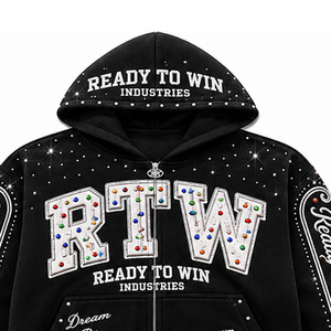 ชุดเซ็ตฮู้ดดี้พร้อมส่งจาก Ready To Win Industries สีดำ พิมพ์ลายกลิตเตอร์ประดับเพชร สไตล์สตรีทแวร์ แขนยาว ซิปด้านหน้า กางเกงขาสั้นทรงปกติ - Product Image 3