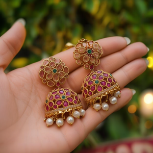 Real Kemp Jhumkas-Ethnic Drop Earrings with Pearl and Diamond Brass Alloy Copper Party Wedding Gift - Product Image 3