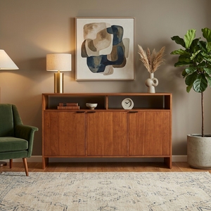 Buffet moderne en teck naturel avec étagère ouverte, armoire à 3 portes, console TV, meuble de rangement pour salon - Product Image 2