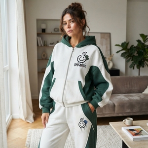 Women's Dark Green <b>White</b> Zip <b>Hoodie</b> Tracksuit Set Color Panel Design Oversized Jogger Pants Streetwear - Product Image 2