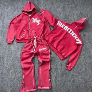 Mealticket Red Hooded <b>Tracksuit</b> Set Full Zipper Sweatshirt Pants Casual Wear Unisex Adult Autumn Style 100% Cotton - Product Image 1