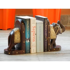 Premium Teak Wood Elephant Carved <b>Bookends</b> with Brass Inlay - Wholesale - Product Image 3