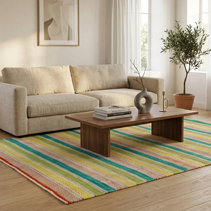Tapis en laine tissé plat rayé vert turquoise jaune Sorbet Tropical, écologique, antidérapant, fait main, à poils épais, pour - Product Image 3