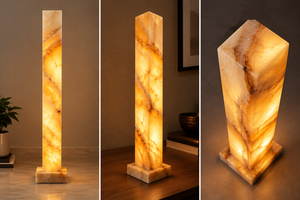 Lampe de table en pierre d'onyx polie naturelle translucide en forme de pilier pyramidal pour salon, chambre à coucher, décoration de Noël - Product Image 3