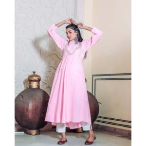 Conjunto de Kurta de Chifón de Algodón Rosa Francés para Mujer con Cuentas, Cuello en V, Manga Larga, Estilo Elegante, Largo hasta el Tobillo, para Primavera - Product Image 2