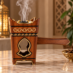 Brûleur à Bakhoor en bois artisanal de luxe avec long manche, Mabkhara arabe traditionnelle, brûleur à encens Oud avec bol en acier inoxydable - Product Image 1