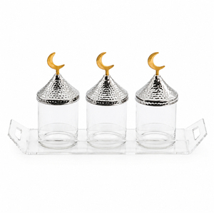 Hammered Metal Minarets Glass Canister With Gold Crescent Moon Lid Islamic Mosque Dome Candy <b>Cookie</b> Storage <b>Jars</b> For Ramadan - Product Image 2