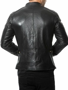Veste moto en cuir véritable pour homme, coupe ajustée, col montant, fermeture éclair, style automne - Product Image 6