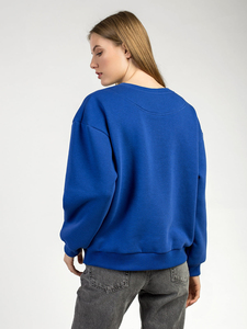 Sudadera Oversize de Cuello Redondo para Mujer, Azul Sólido, Manga Larga, Tejido de Algodón/Fibra de Bambú, Bordado de Cristal, Hombros Caídos - Product Image 3