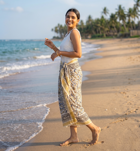 Golden Jari Border Hand Block Print Cotton <b>Sarong</b> Pareo Soft Floral Beach Wrap Indian Handmade <b>Bikini</b> Cover Up Custom Logo - Product Image 5