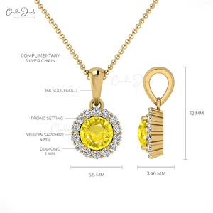 Collier de mariage en or massif 14 carats avec pendentif halo en saphir jaune naturel serti de diamants de 4 mm, fournisseur de bijoux fins en gros, Inde - Product Image 4