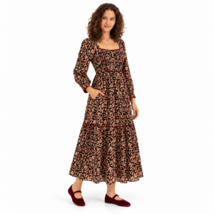 <b>Womens</b> Black Floral Print Henley Neck Tiered Midi <b>Dress</b> with Smocked Back Three Quarter Sleeves Pockets Organic Cotton Woven - Product Image 2