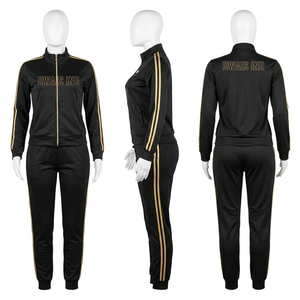 Conjunto Deportivo de 2 Piezas para Mujer, Color Durazno, Chaqueta con Cierre y Cuello Alto, Pantalones de Manga Larga, Diseño a Bloques de Color con Rayas y Letras - Product Image 3