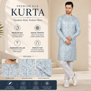 Men's 100% <b>Silk</b> Digital Printed Long <b>Kurta</b> | Full Sleeve Mandarin Collar Ethnic Traditional Diwali Wedding Festival Party Wear - Product Image 5