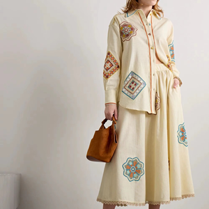 ชุดลำลองผู้หญิง 2 ชิ้น เสื้อแขนกุดปักลายเรียบง่ายและกระโปรงชีฟองยาวเต็มตัว - Product Image 1