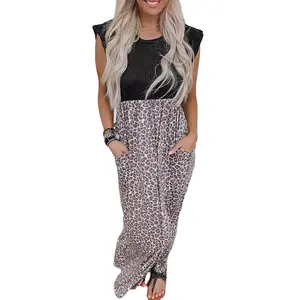Hot Sale 2023 Leopard Patchwork Ribbed Lady Elegant Sexy Maxi Long Dress For Women