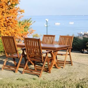 Outdoor Wooden Patio <b>Table</b> Set <b>Folding</b> <b>Chairs</b> Slatted Armchairs Garden <b>Dining</b> Furniture for Deck Yard - Product Image 1
