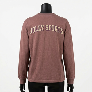 Camiseta de manga larga para mujer de alta calidad, 180 GSM, jersey de algodón, transpirable, color malva, con logo bordado en chenilla, cuello cómodo. - Product Image 3