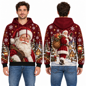 Men's Christmas Hoodie Red Green Knitted Pullover With Reindeer Tree Pattern Pocket Casual Winter Sweatshirt - Product Image 6