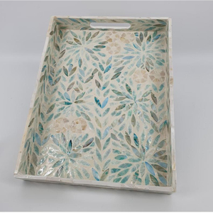 Plateau de service rond artisanal en nacre avec poignées, mosaïque MOP, centre de table décoratif floral pour la maison et le café - Product Image 6