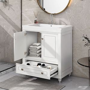 Mobile Bagno da 30 Pollici con Lavabo Integrato, Struttura Solida in MDF Bianco, con Ante e Cassetto - Product Image 1