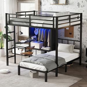 Letto a Castello in Metallo Nero Full XL su Misura con Scrivania Pieghevole e Armadio con LED, Salvaspazio e Silenzioso per Bambini - Product Image 3