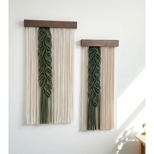 Bohemian Macrame Wall <b>Hanging</b> Foliage Pattern Green <b>White</b> Rectangle Home Decor Living Room Art Piece 2Pcs - Product Image 1