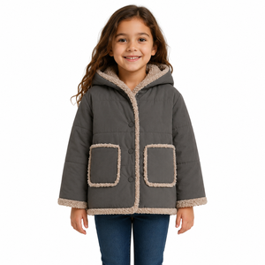 Veste d'hiver matelassée à capuche pour filles Livster, en sherpa gris de qualité supérieure, rembourrée, à manches longues, manteau d'hiver pour enfants, doublure en polaire douce - Product Image 1