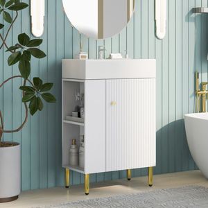 Mobile bagno bianco da 21,6 pollici con lavabo singolo in ceramica, mobiletto e vano portaoggetti laterale sinistro - Set mobiletto singolo - Product Image 1
