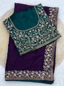 Sari de style indien ethnique pour mariage et festival, en soie Rangoli, brodé, avec Pallu C et travail Zari, broderie Farma, de créateur - Product Image 4