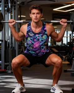 Six Trend Sports Débardeur pour homme style urbain, imprimé néon astronaute spatial, décontracté, respirant, tricoté, col rond, 100% Coton - Product Image 5