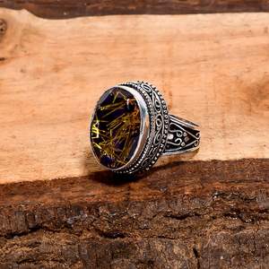 Anillo de cuarzo rutilado con zafiro azul hecho a mano en plata de ley 925 talla 8, joyería de piedras preciosas, regalo para mujer - Product Image 2