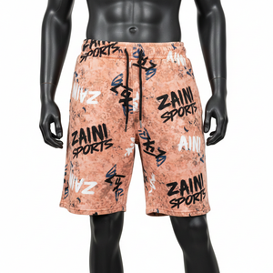 กางเกงขาสั้นผ้าฝ้ายฟลีซพรีเมียม 280 GSM ล้างสีแบบแอซิดวอช สีพีชรัสต์ พิมพ์ลายกราฟฟิตีทั้งตัว พร้อมโลโก้สกรีนแบบกำหนดเอง - Product Image 1