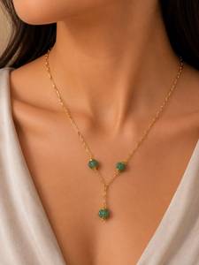 Collier personnalisé plaqué rhodium avec perles de melon vertes, chaîne Y Lariat et chaîne maille trombone, bijoux de luxe pour femme, cadeau quotidien - Product Image 1