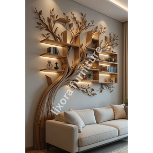 Modern Wall Mounted <b>Tree</b> Shaped Wood Bookshelf Luxury <b>LED</b> Backlit Decorative Living Room Display - Product Image 6