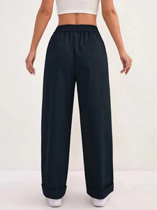 Pantalon droit amincissant taille haute pour femme avec cordon de serrage réglable et taille élastique - Couleur unie lavable en machine - Product Image 5