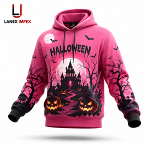 Sweat à capuche unisexe personnalisé 3D rose Halloween Maison Hantée Citrouille, pull à sublimation, streetwear gothique en polyester - Product Image 2